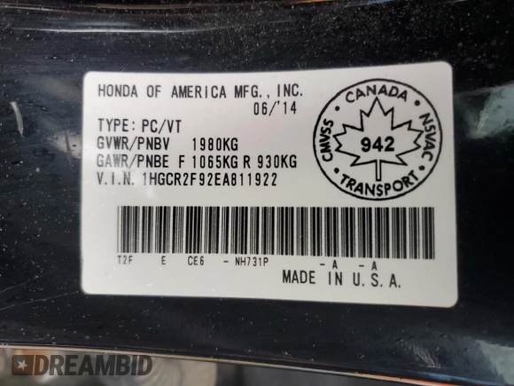 2014 Honda Accord Touring с VIN 1HGCR2F92EA811922, выставлен на аукционе Copart как лот 58191745 с пробегом 200 552 миль миль и Чистый • Clean title. История ставок и продаж доступна на DreamBid. Изображение 12.