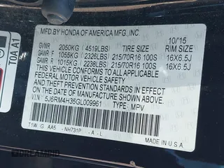 2016 Honda CR-V LX with VIN 5J6RM4H35GL009961, listed as a IAAI auction lot 41695675 with 68,201 mi miles. Bid and sale history available at carsss.com. Image 9.