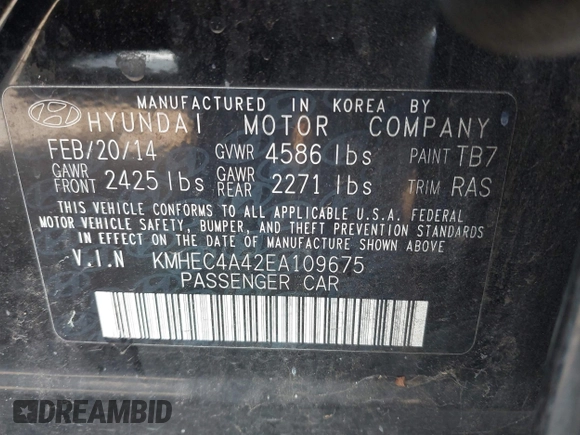2014 Hyundai Sonata Limited with VIN KMHEC4A42EA109675, listed as a IAAI auction lot 42084992 with 212,095 mi miles and . Bid and sale history available at carsss.com. Image 9.
