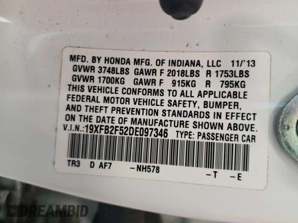 2013 Honda Civic LX with VIN 19XFB2F52DE097346, listed as a Copart auction lot 55396225 with 104,704 mi miles and Salvage Title. Bid and sale history available at DreamBid. Image 12.
