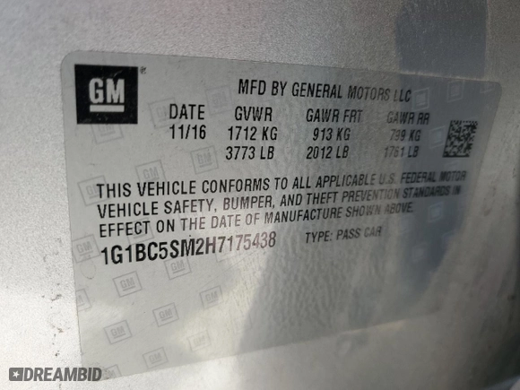 2017 Chevrolet Cruze LS with VIN 1G1BC5SM2H7175438, listed as a Copart auction lot 46930295 with 58,166 mi miles and Salvage Title. Bid and sale history available at carsss.com. Image 13.