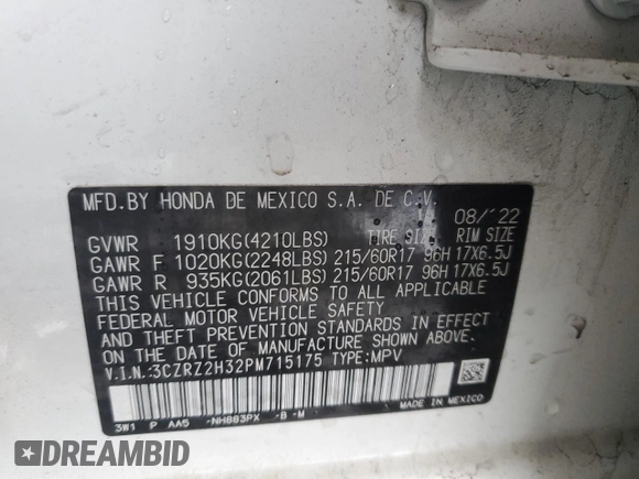 2023 Honda HR-V LX with VIN 3CZRZ2H32PM715175, listed as a Copart auction lot 56970815 with 37,217 mi miles and Salvage title. Bid and sale history available at DreamBid. Image 13.