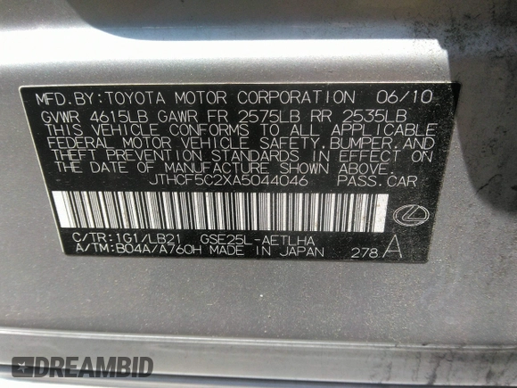 2010 Lexus IS 250 с VIN JTHCF5C2XA5044046, выставлен на аукционе IAAI как лот 42306297 с пробегом 127 669 миль миль и . История ставок и продаж доступна на DreamBid. Изображение 9.