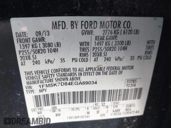 2014 Ford Explorer XLT with VIN 1FM5K7D84EGA69034, listed as a IAAI auction lot 42343947 with 170,652 mi miles and . Bid and sale history available at DreamBid. Image 9.