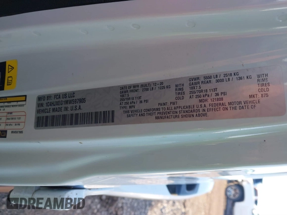 2021 Jeep Wrangler Unlimited Sahara with VIN 1C4HJXEG1MW597905, listed as a IAAI auction lot 41327138 with Not provided miles and . Bid and sale history available at DreamBid. Image 9.