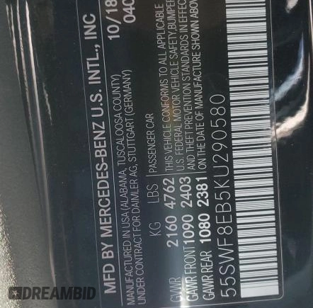 2019 Mercedes-Benz C 300 with VIN 55SWF8EB5KU290580, listed as a Copart auction lot 53017925 with Not Provided miles and Clean Title. Bid and sale history available at carsss.com. Image 10.