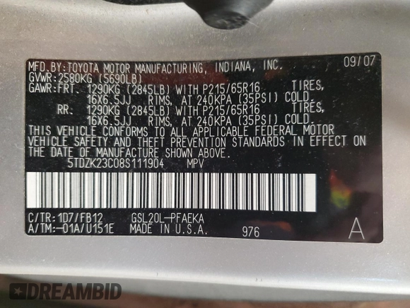 2008 Toyota Sienna CE with VIN 5TDZK23C08S111904, listed as a Copart auction lot 50921335 with 180,255 mi miles and Salvage Title. Bid and sale history available at carsss.com. Image 15.