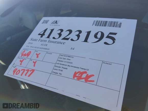 2016 Audi A4 Premium with VIN WAUAFAFL0GN008491, listed as a IAAI auction lot 41323195 with 90,777 mi miles. Bid and sale history available at carsss.com. Image 18.