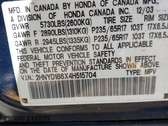 2004 Acura MDX Touring Pkg with VIN 2HNYD186X4H515704, listed as a IAAI auction lot 41851825 with 999,999 mi miles. Bid and sale history available at carsss.com. Image 9.