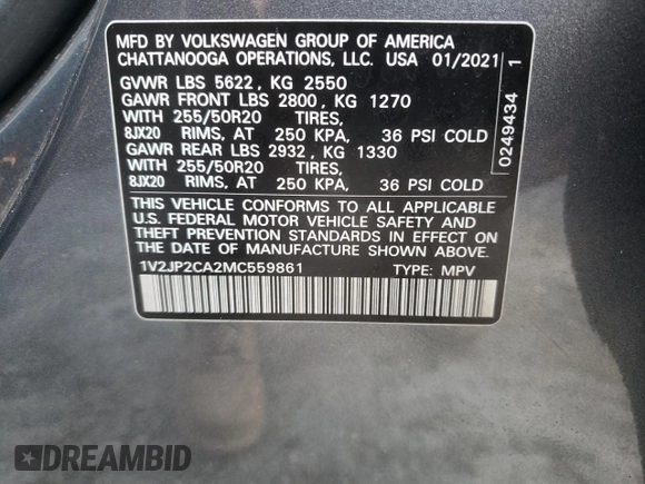 2021 Volkswagen Atlas SE with VIN 1V2JP2CA2MC559861, listed as a Copart auction lot 55724125 with 44,041 mi miles and Salvage title. Bid and sale history available at DreamBid. Image 13.