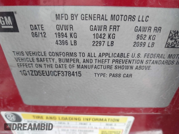 2012 Chevrolet Malibu 2LT with VIN 1G1ZD5EU0CF378415, listed as a IAAI auction lot 41645634 with 194,508 mi miles and . Bid and sale history available at DreamBid. Image 9.