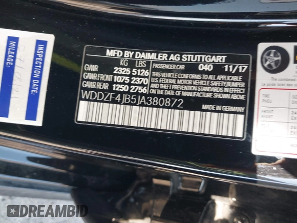 2018 Mercedes-Benz E 300 with VIN WDDZF4JB5JA380872, listed as a IAAI auction lot 42048785 with 94,574 mi miles and . Bid and sale history available at DreamBid. Image 9.