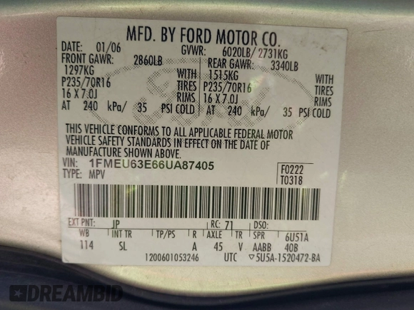 2006 Ford Explorer XLT с VIN 1FMEU63E66UA87405, выставлен на аукционе IAAI как лот 41983673 с пробегом 168 254 миль миль и . История ставок и продаж доступна на DreamBid. Изображение 9.
