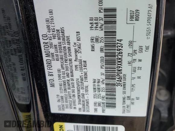 2019 Ford Fusion Titanium with VIN 3FA6P0K9XKR269374, listed as a Copart auction lot 50126815 with 86,164 mi miles and Salvage Title. Bid and sale history available at carsss.com. Image 12.