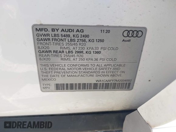 2021 Audi Q5 Prestige with VIN WA1CAAFY7M2034552, listed as a IAAI auction lot 41922211 with 52,235 mi miles and . Bid and sale history available at DreamBid. Image 9.