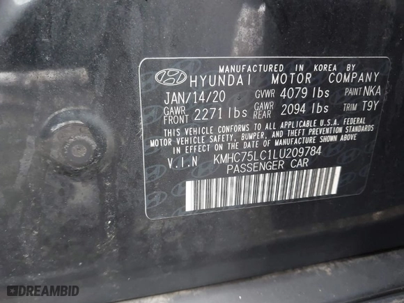 2020 Hyundai Ioniq Hybrid SE with VIN KMHC75LC1LU209784, listed as a IAAI auction lot 41684240 with NaN miles. Bid and sale history available at carsss.com. Image 9.