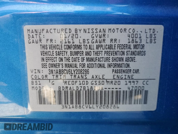 2020 Nissan Sentra SV z VIN 3N1AB8CV6LY208286, wystawiony jako Copart lot #58411735 z przebiegiem 36 808 mil mil oraz Szkoda całkowita • Salvage title. Historia ofert i sprzedaży dostępna na DreamBid. Obrazek 13.
