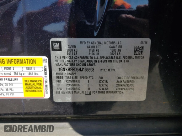 2017 Chevrolet Traverse LS with VIN 1GNKRFED5HJ165598, listed as a Copart auction lot 50578715 with Not provided miles and Salvage title. Bid and sale history available at DreamBid. Image 13.