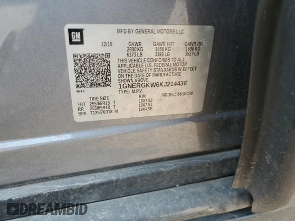 2019 Chevrolet Traverse LT Cloth z VIN 1GNERGKW6KJ214436, wystawiony jako Copart lot #60448095 z przebiegiem 79 230 mil mil oraz Szkoda całkowita • Salvage title. Historia ofert i sprzedaży dostępna na DreamBid. Obrazek 13.