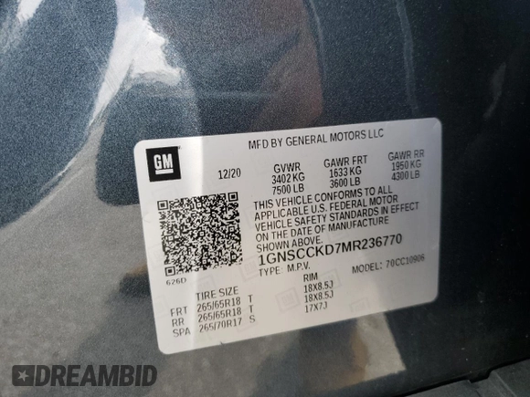 2021 Chevrolet Suburban LT with VIN 1GNSCCKD7MR236770, listed as a Copart auction lot 57392995 with 80,845 mi miles and Salvage title. Bid and sale history available at DreamBid. Image 13.