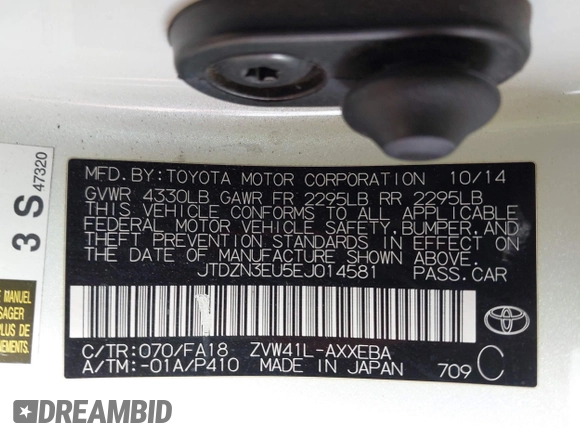 2014 Toyota Prius Two with VIN JTDZN3EU5EJ014581, listed as a IAAI auction lot 41916520 with 182,125 mi miles and . Bid and sale history available at DreamBid. Image 9.