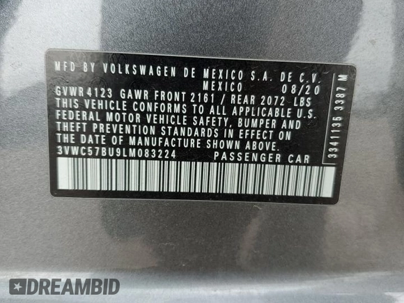 2020 Volkswagen Jetta S with VIN 3VWC57BU9LM083224, listed as a Copart auction lot 55080555 with Not provided miles and Salvage title. Bid and sale history available at DreamBid. Image 13.