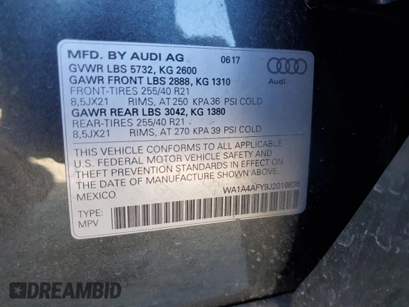 2018 Audi SQ5 Premium Plus with VIN WA1A4AFY9J2019836, listed as a Copart auction lot 73639304 with 59,283 mi miles and Salvage Title. Bid and sale history available at DreamBid. Image 13.