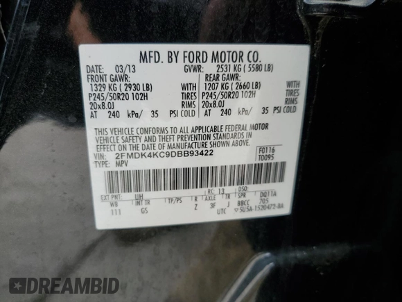 2013 Ford Edge Limited z VIN 2FMDK4KC9DBB93422, wystawiony jako Copart lot #53862374 z przebiegiem 65 797 mil mil oraz Szkody całkowita. Historia ofert i sprzedaży dostępna na DreamBid. Obrazek 14.