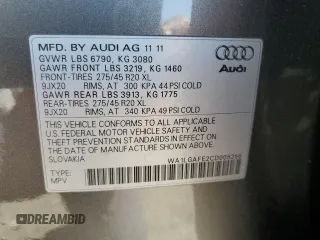 2012 Audi Q7 Premium Plus with VIN WA1LGAFE2CD005256, listed as a Copart auction lot 52233385 with 174,182 mi miles and Salvage title. Bid and sale history available at DreamBid. Image 13.