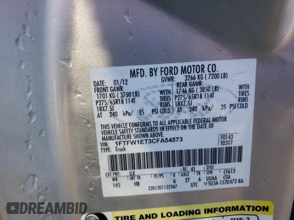 2012 Ford F-150 XL with VIN 1FTFW1ET3CFA54573, listed as a Copart auction lot 48142455 with 92,821 mi miles and Salvage Title. Bid and sale history available at carsss.com. Image 12.