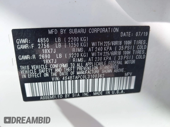 2020 Subaru Outback Touring with VIN 4S4BTAPC0L3100362, listed as a IAAI auction lot 42134757 with 104,887 mi miles and . Bid and sale history available at DreamBid. Image 9.