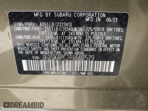 2023 Subaru Forester Limited with VIN JF2SKAPC2PH502529, listed as a IAAI auction lot 42290857 with Not provided miles and . Bid and sale history available at DreamBid. Image 9.