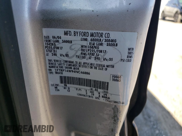 2004 Ford F-150 XL with VIN 1FTRF14W94NC46886, listed as a Copart auction lot 75828534 with 114,143 mi miles and Salvage Title. Bid and sale history available at DreamBid. Image 12.