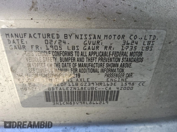 2024 Nissan Versa S with VIN 3N1CN8DV9RL866219, listed as a Copart auction lot 49858615 with 10,972 mi miles and Clean Title. Bid and sale history available at DreamBid. Image 12.