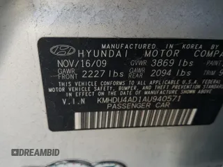 2010 Hyundai Elantra GLS z VIN KMHDU4AD1AU940571, wystawiony jako Copart lot #60626355 z przebiegiem 216 393 mil mil oraz Szkoda całkowita • Salvage title. Historia ofert i sprzedaży dostępna na DreamBid. Obrazek 12.