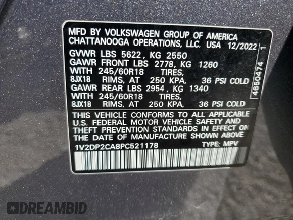 2023 Volkswagen Atlas SE с VIN 1V2DP2CA8PC521178, выставлен на аукционе Copart как лот 48472125 с пробегом 34 742 миль миль и Списание • Salvage title. История ставок и продаж доступна на DreamBid. Изображение 14.