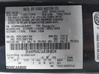 2010 Ford Fusion SE with VIN 3FAHP0HG5AR384834, listed as a IAAI auction lot 41533295 with 124,356 mi miles. Bid and sale history available at carsss.com. Image 9.