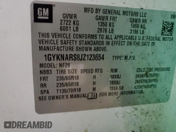 2018 Cadillac XT5 FWD with VIN 1GYKNARS8JZ123654, listed as a Copart auction lot 38393754 with 206,836 mi miles and Salvage title. Bid and sale history available at DreamBid. Image 14.