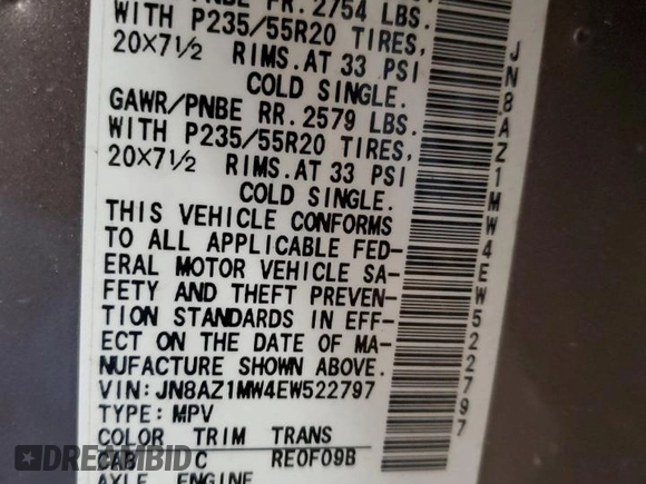 2014 Nissan Murano LE with VIN JN8AZ1MW4EW522797, listed as a Copart auction lot 82825434 with 169,937 mi miles and Salvage Title. Bid and sale history available at carsss.com. Image 14.