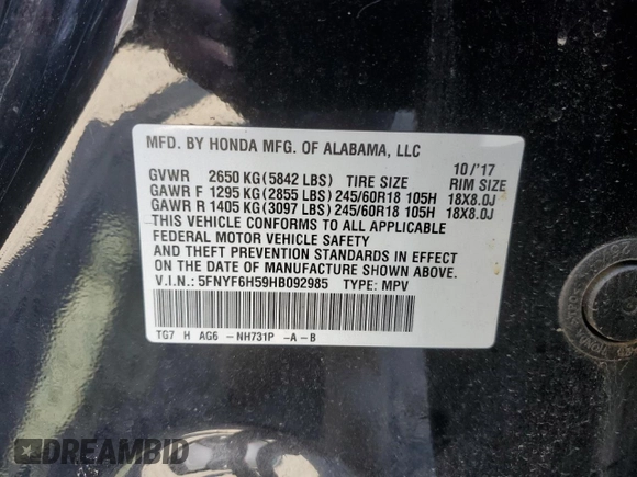 2017 Honda Pilot EX-L z VIN 5FNYF6H59HB092985, wystawiony jako Copart lot #55621225 z przebiegiem 86 510 mil mil oraz Szkoda całkowita • Salvage title. Historia ofert i sprzedaży dostępna na DreamBid. Obrazek 14.