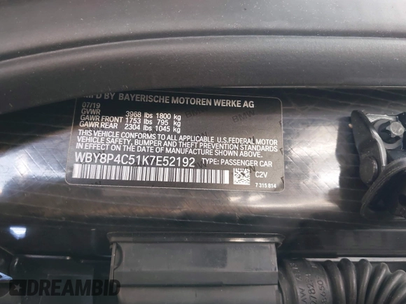 2019 BMW i3 with VIN WBY8P4C51K7E52192, listed as a IAAI auction lot 41696266 with 44,030 mi miles and . Bid and sale history available at DreamBid. Image 9.