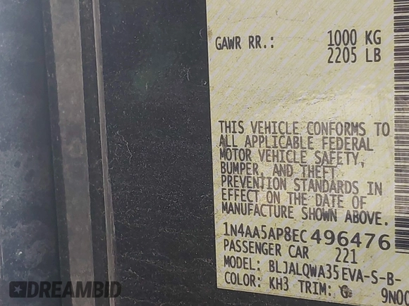 2014 Nissan Maxima SV with VIN 1N4AA5AP8EC496476, listed as a IAAI auction lot 41969073 with 165,738 mi miles and . Bid and sale history available at DreamBid. Image 13.