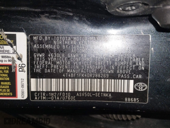 2013 Toyota Camry L with VIN 4T4BF1FK4DR288269, listed as a IAAI auction lot 41869777 with 57,585 mi miles. Bid and sale history available at carsss.com. Image 9.