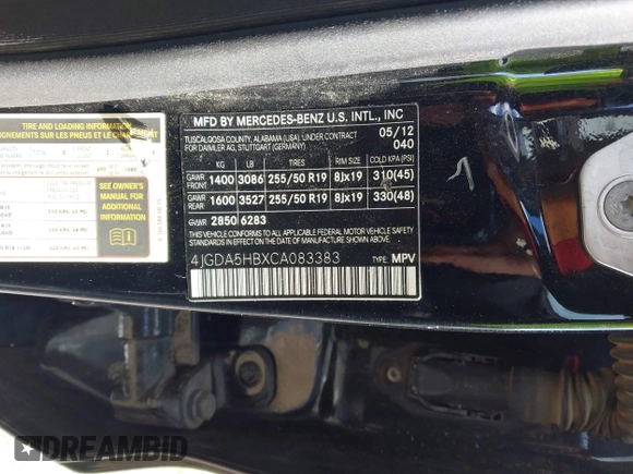 2012 Mercedes-Benz M 350 with VIN 4JGDA5HBXCA083383, listed as a IAAI auction lot 42082010 with Not provided miles and . Bid and sale history available at DreamBid. Image 9.