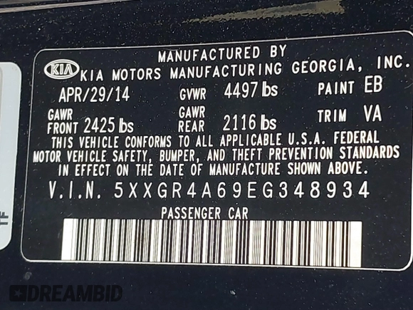 2014 Kia Optima SXL Turbo with VIN 5XXGR4A69EG348934, listed as a IAAI auction lot 42322630 with 119,171 mi miles and . Bid and sale history available at DreamBid. Image 9.