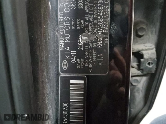 2011 Kia Forte LX with VIN KNAFT4A28B5436736, listed as a Copart auction lot 89303965 with 120,058 mi miles and Salvage Title. Bid and sale history available at carsss.com. Image 12.
