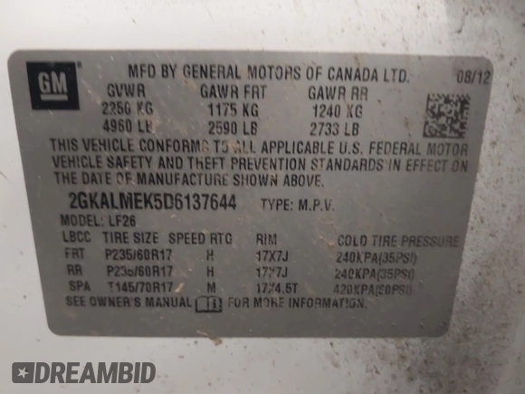 2013 GMC Terrain SLE with VIN 2GKALMEK5D6137644, listed as a IAAI auction lot 42109732 with 169,048 mi miles. Bid and sale history available at carsss.com. Image 9.