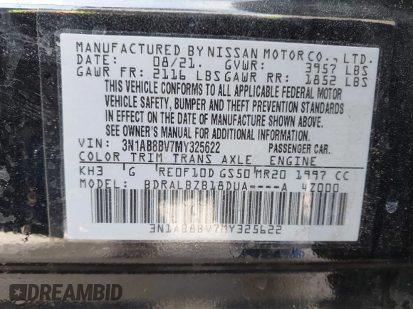 2021 Nissan Sentra S with VIN 3N1AB8BV7MY325622, listed as a IAAI auction lot 41429430 with 50,521 mi miles and . Bid and sale history available at DreamBid. Image 9.