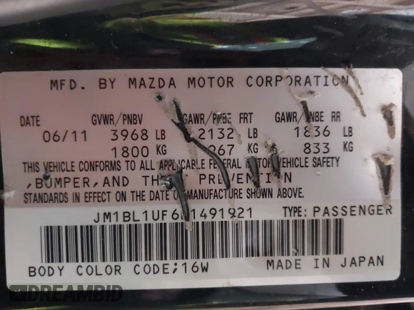2011 Mazda 3 i Sport with VIN JM1BL1UF6B1491921, listed as a IAAI auction lot 41375201 with 124,072 mi miles and . Bid and sale history available at DreamBid. Image 9.