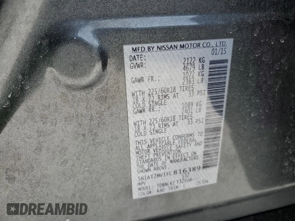 2015 Nissan Rogue SL with VIN 5N1AT2MV1FC816389, listed as a Copart auction lot 45651165 with 70,032 mi miles and Salvage Title. Bid and sale history available at carsss.com. Image 12.